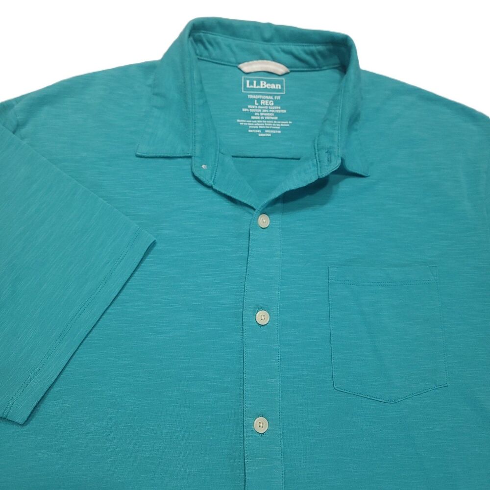 L.L. Bean Men's L Shirt Lakewashed Performance Button Up Short Sleeve Turquoise
